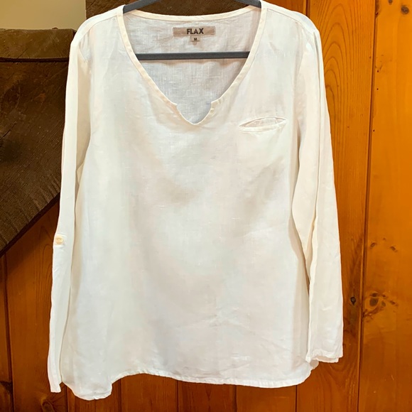 Flax Tops - FLAX white linen tunic with notch neck